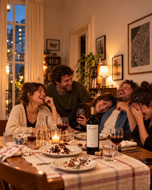 Amigos jóvenes riendo en una cena